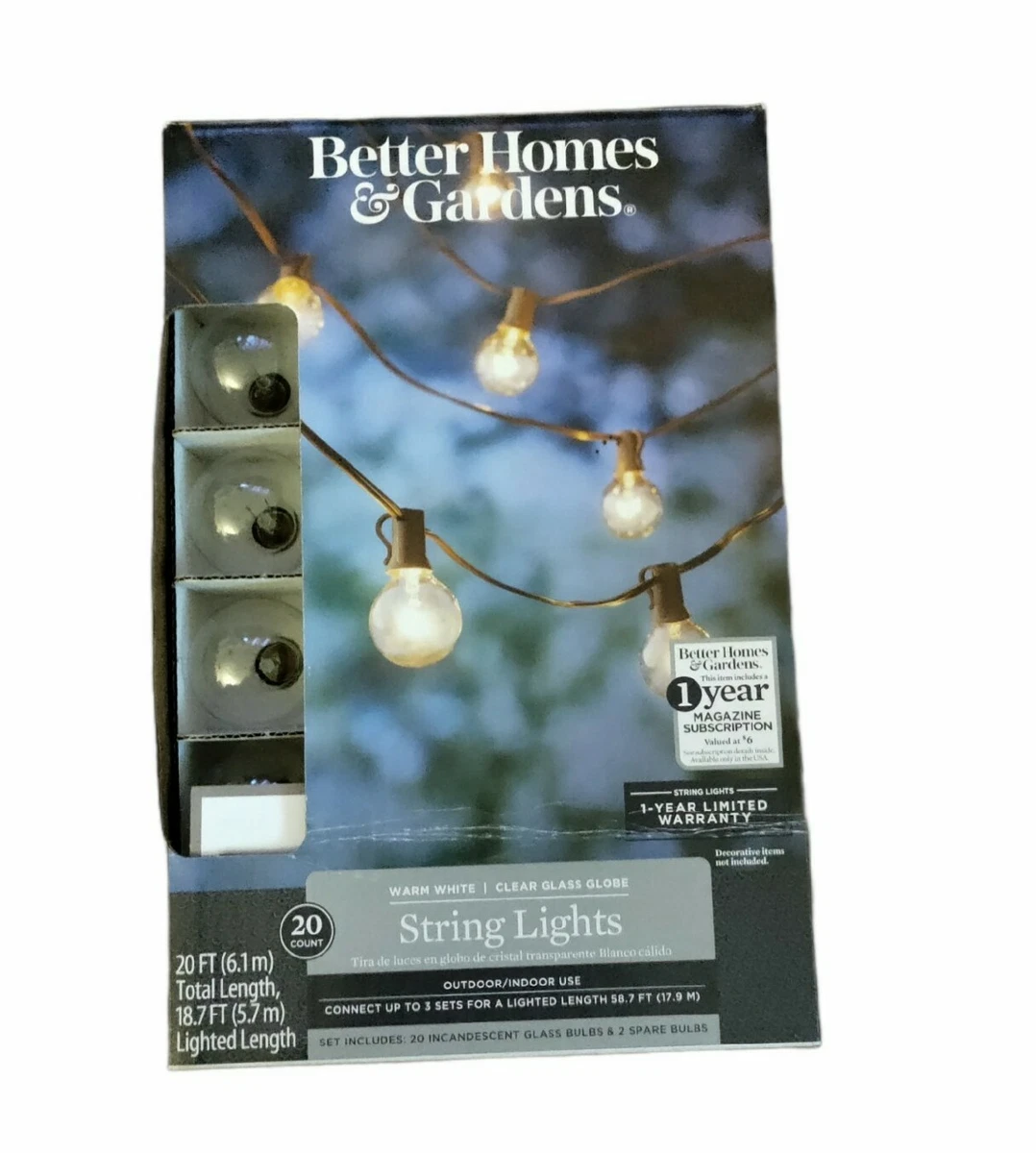 Better homes & gardens 110 volts electric 18.7 feet 20 count g40 clear glass globe bulbs deals