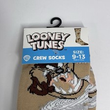 New Tasmanian Devil Crew Socks-Beige With TD Tearing Up In Whirlwind Unisex 9-13