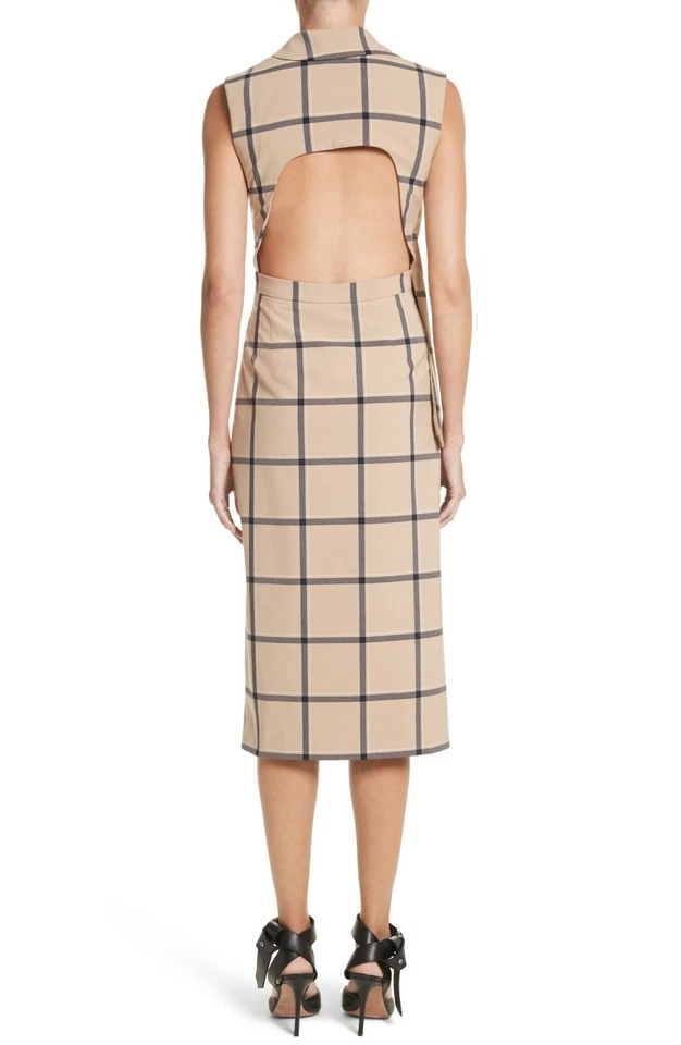 MONSE Beige Black Plaid Check MON LOUISE Wrap Tuxedo Sleeveless Midi Dress 12 US - Image 4 of 4