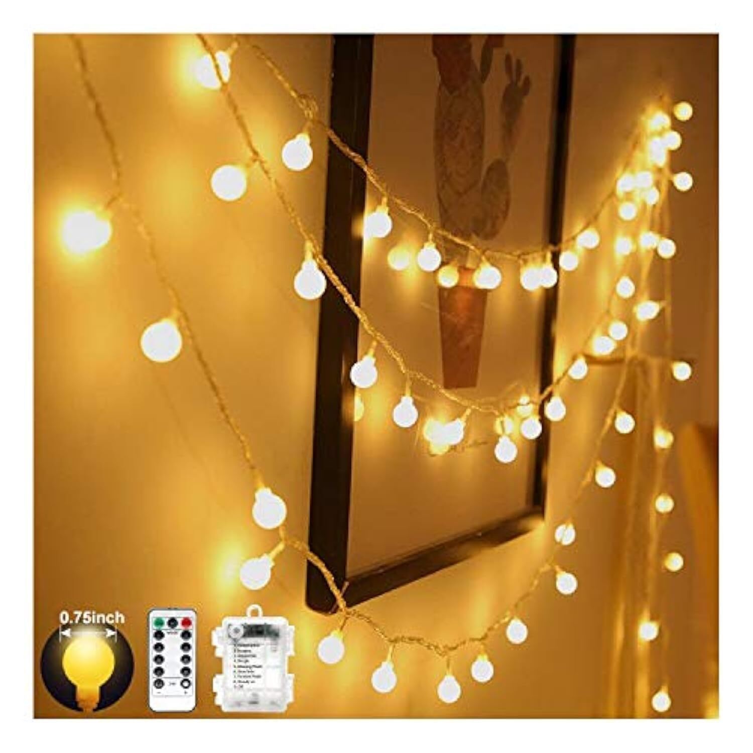 Globe String Lights Battery Operated Warm White ，Water Proof 1 Pack 33FT 80 L...