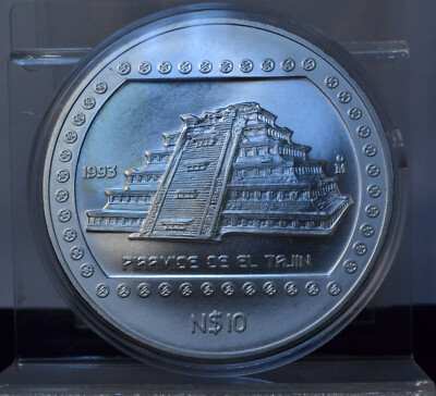1993 N$10 5 ONZA MEXICO PIRAMIDE DE EL TAJIN 5 OZ 0.999 SILVER