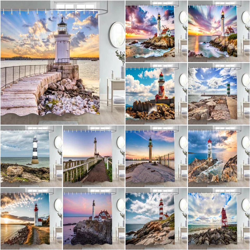 Großer Leuchtturm Küste Wolke Duschvorhang Badezimmer Vorhänge Wasserdicht Haken - Bild 2 von 3