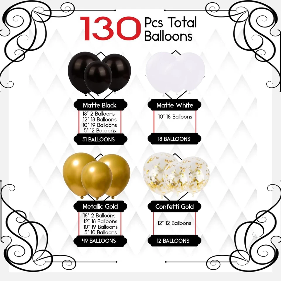 Balões arco guirlanda preto branco metálico ouro formatura bebê aniversário casamento - Imagem 3 de 4