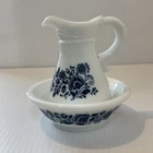 Vintage 1970s Avon Pitcher Cruet & Basin Bowl Set Milk Glass Blue Delft Flowers