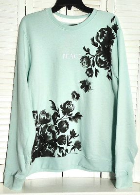Blind Rooster Men s Sweatshirt  Peace  Black Japanese Roses Pastel Green Size L