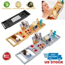 Extendable Bamboo Bathtub Caddy Over the Tub Bath Tray Tablet Wine Glass Holder