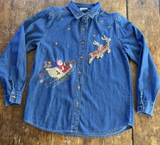 Vintage Bobbie Brooks Embroidered Christmas Santa Denim Long Sleeve Shirt M 8/10