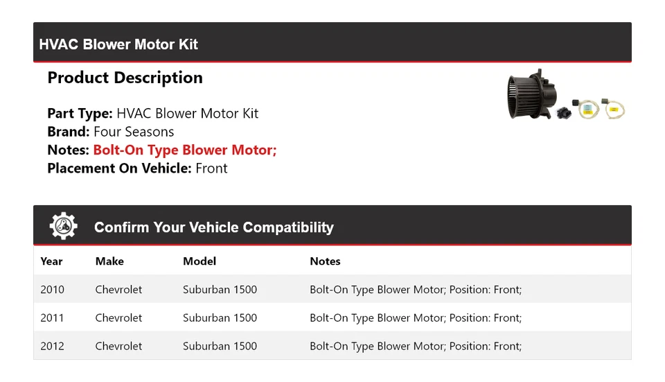 Kit de motor soplador de climatización delantero 4 estaciones 2011 para Chevrolet Suburban 1500 2010-2012 Foto 2 de 3