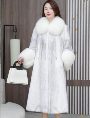 Womens White Natural Faux Fur Lapel Collar Fur Trim Long Coat Plus