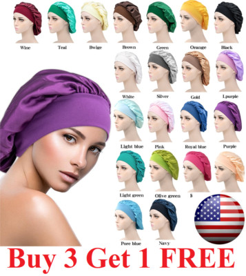 Women Satin Night Sleep Cap Hair Bonnet Hat Silk Head Cover Wide Elastic Band US