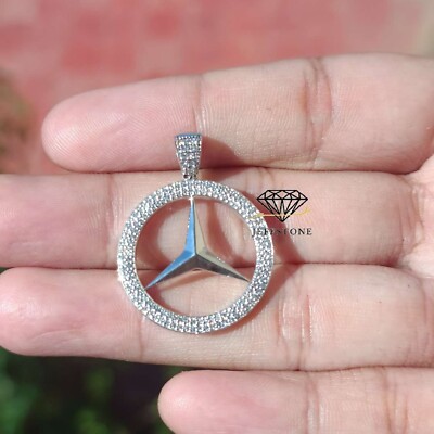 0.60 ctw  D/FL Moissanite 14K White Gold Over Mercedes Medallion Pendant 1.2''