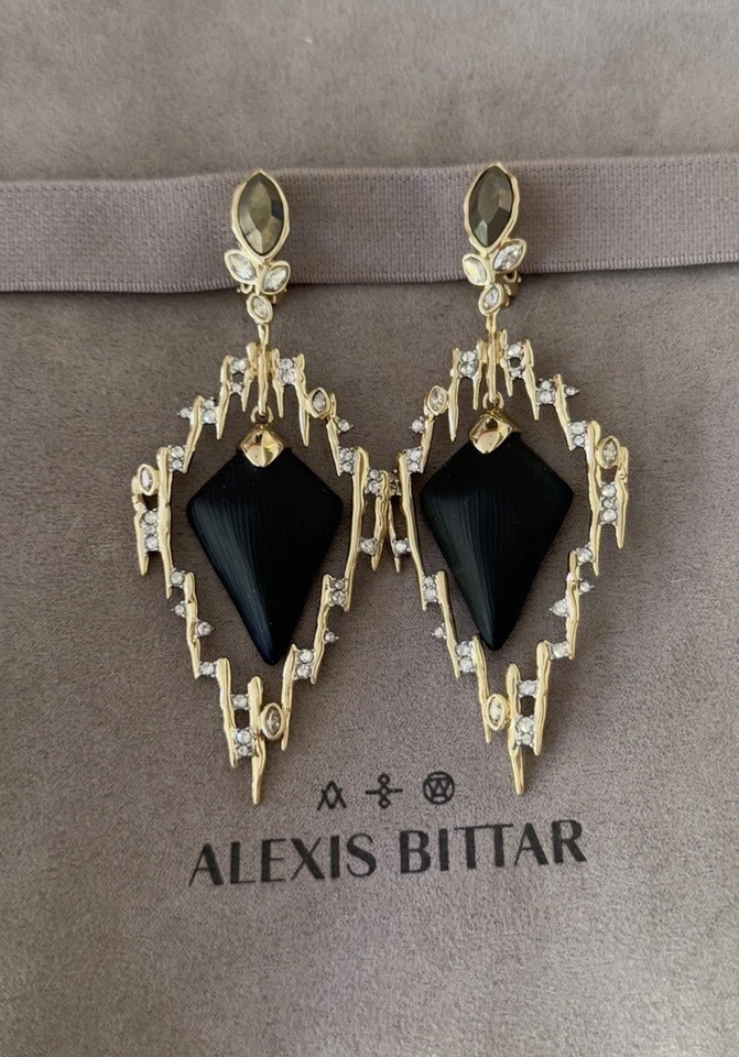 100% Authentic ALEXIS BITTAR Navette Crystal/ Black Lucite Clip-On Earrings $375 - Image 4 of 4