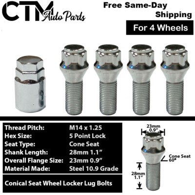 4x BMW Mini Chrome 14x1.25 Wheel Lock Lug Bolt 28mm Shank +Key Fit F-Body/G-Body