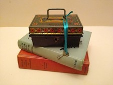 Vintage lithographed metal cash box multicoloured lithograph design on the lid.