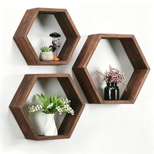 Hexagon Floating Shelves, Set of 3 Wall Mounted Honeycomb Display Shelf, Wood...
