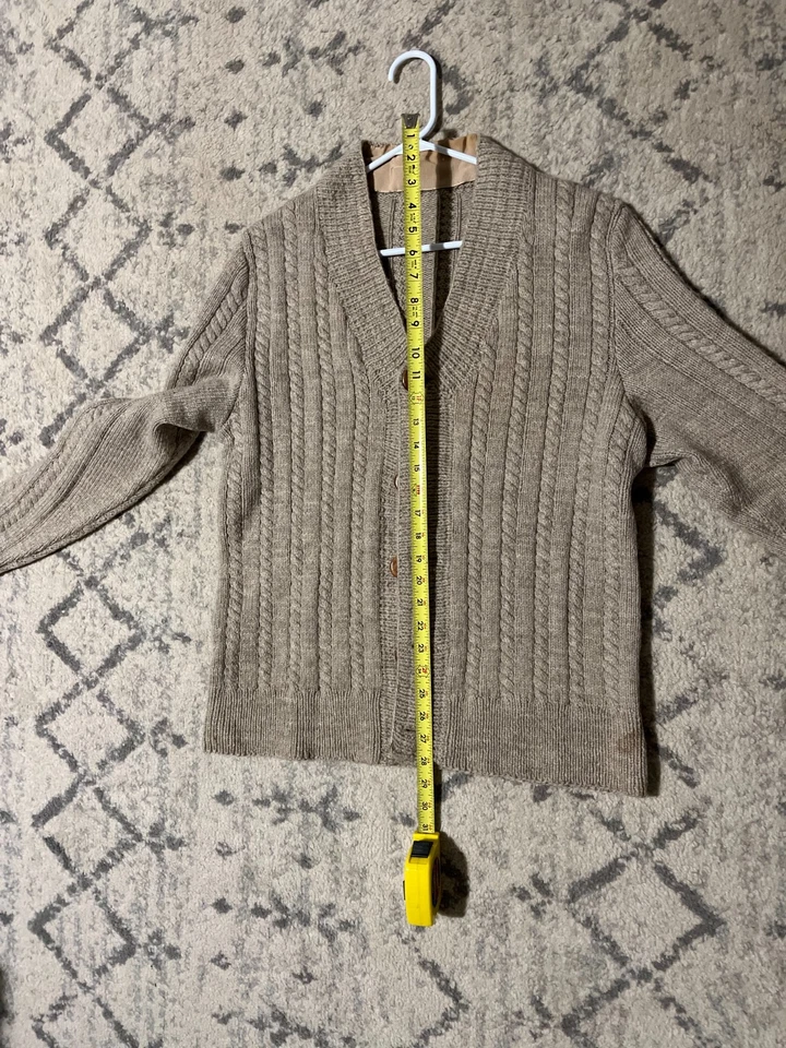 Cárdigan suéter vintage de lana tostada para hombre L/mujer M botones de madera tejido con cable Gpa Foto 3 de 4