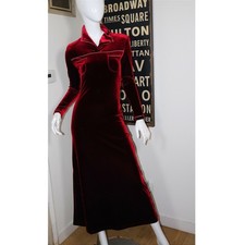 Feng Chai Dress Small Burgundy Velvet Maxi Collared Two Pocket
