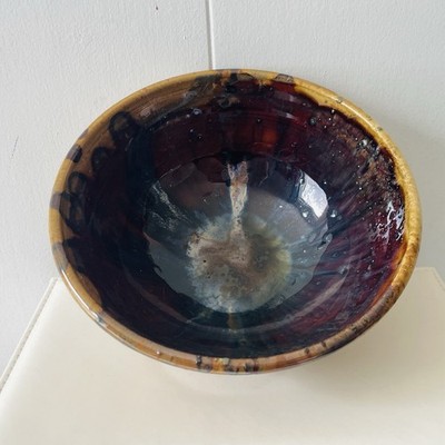 Handmade Studio Art Pottery Bowl Blue Brown Earth Tones Primitive Rustic Signed