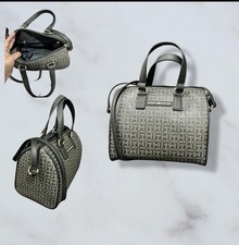 Tommy Hilfiger Logo Satchel Top Handle Bag Gray Black Double Handles Zip Women