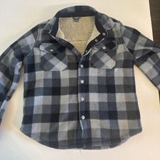 Eddie Bauer Flannel Jacket Youth 10/12 Black Gray Sherpa Plaid Shacket Outdoor