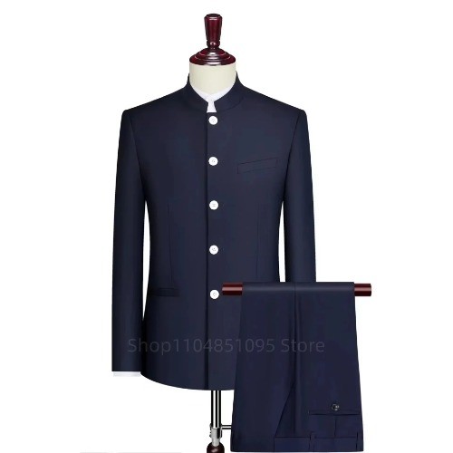 High Quality Dress Set 2Pcs Men Chinese Style Slim Fit Tuxedos Jacket Pants Sets - Foto 2 di 27