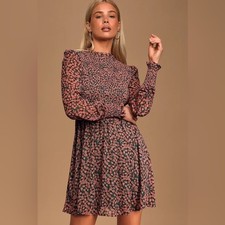 Lulu's Floral Forever Green & Pink Floral Print Smocked Skater Dress Size Medium