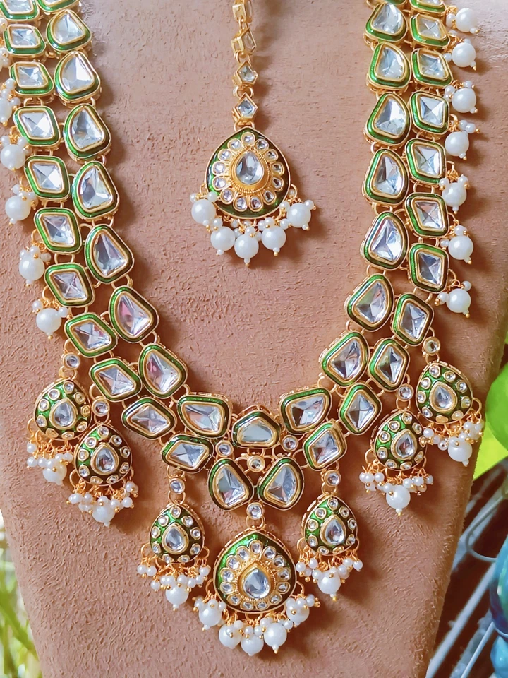 Conjunto de joyas de boda nupcial collar Kundan largo indio paquistaní chapado en oro Foto 2 de 4