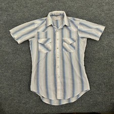 Golden Key Shirt Mens Size M Blue Striped Western Pearl Snap USA Made Stains