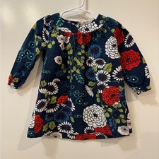Tea Collection Navy Blue Floral Dress Puff Sleeve Corduroy 18 - 24 months puff