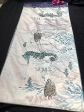 MIREILLE Coastal Table Runner 16 x 72 Beaded Teal Sea horses, fish, sea corals