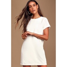 Lulus Shift and Shout Ivory White Short Sleeve Mini Shift Dress Gold Zipper S