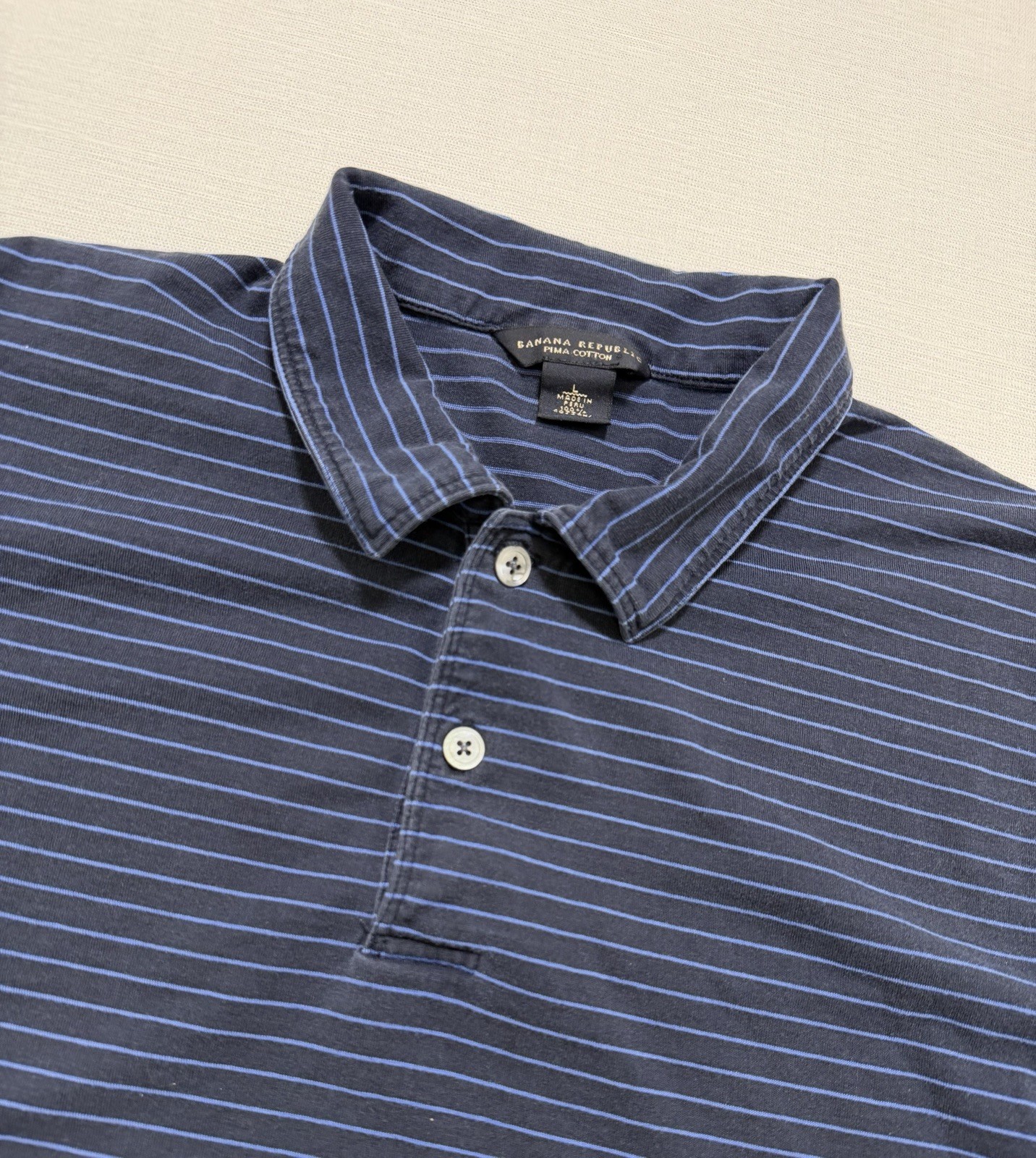 Banana Republic Pima Cotton Striped Mens Large Short Sleeve Navy Polo Shirt