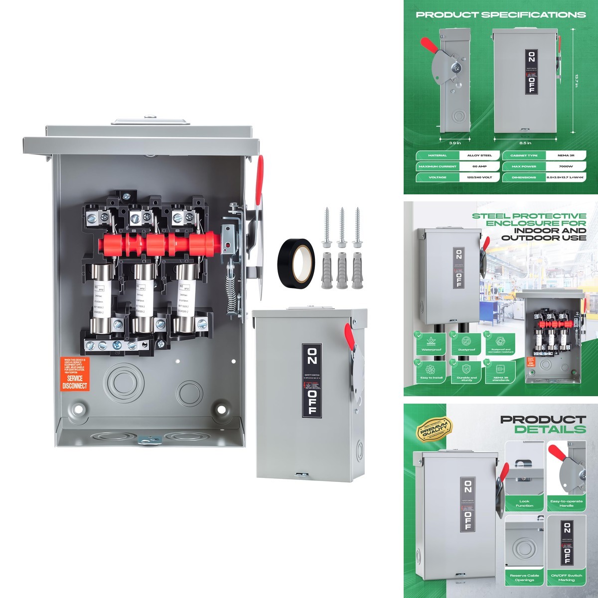 Lovnewmax DSF-3P-60A 60 Amp 3 Pole 110/240V Fused Safety Switch NEMA 3R