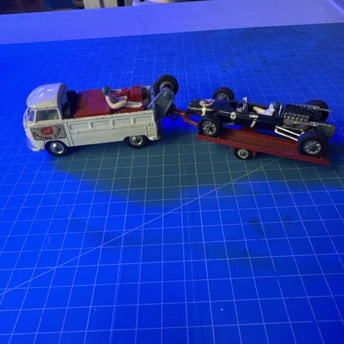 Rare Vintage Corgi Volkswagen single cab w/Race Car & trailer pre-1967 singlecab