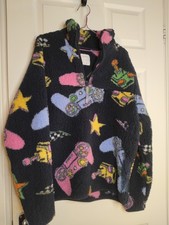 Y2K Gamer Sherpa Fleece Half-Zip Black Colourful Controller Print Warm Baggy