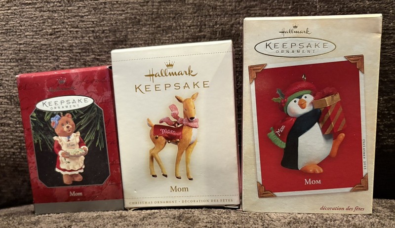 Hallmark “Mom” Keepsake Christmas Ornaments  Set of 3, Bear, Penguin, Deer w/box