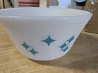 MCM VTG Federal Milk Glass Turquoise Atomic Stars Diamonds Mixing Bowl 9" USA