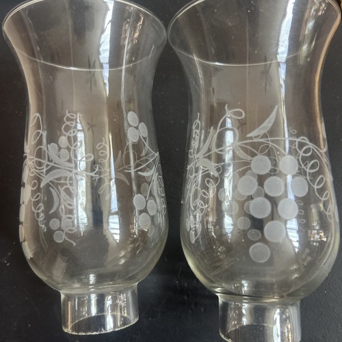 2 Vintage 6.5" Clear Grape Etched Glass Hurricane Lamp Candle Sconce Chimneys - Picture 2 of 2