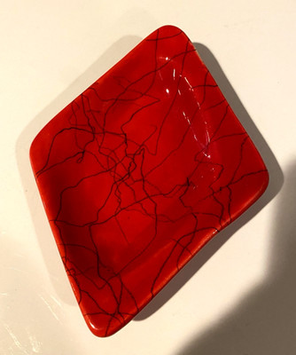 MCM Red Atomic Diamond Shape Ashtray Black Swirl Glazed Ceramic 4'' Vintage Dish