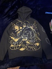 Ed Hardy Men's Black Pullover Hoodie Tattoo Graphic Print Fleece Size M