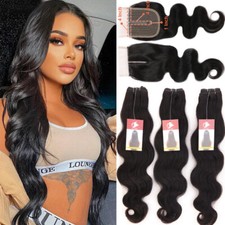 4 4 T Part Lace Closure Brazilian Virgin Human Hair Weave with 3 Bundles Weft US