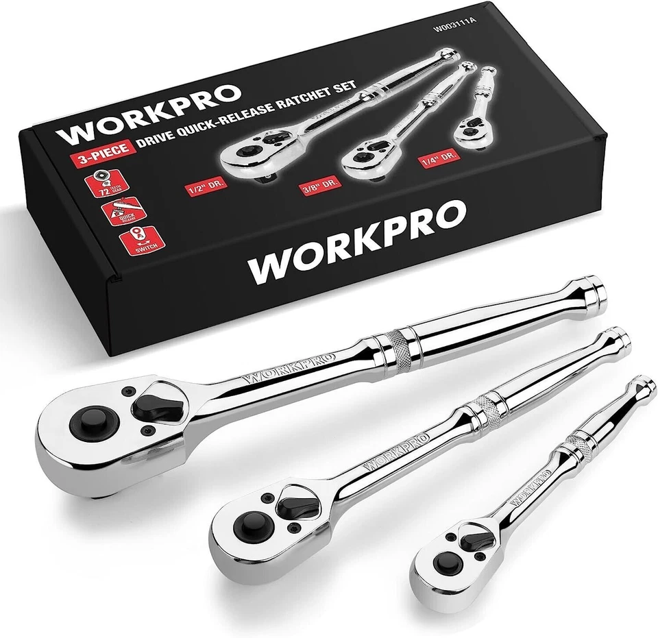 WORKPRO 3PCS Ratchet Set 1/4" 3/8" 1/2" Dr Ratchet Handle Quick Release 72-Tooth - Image 2 of 4