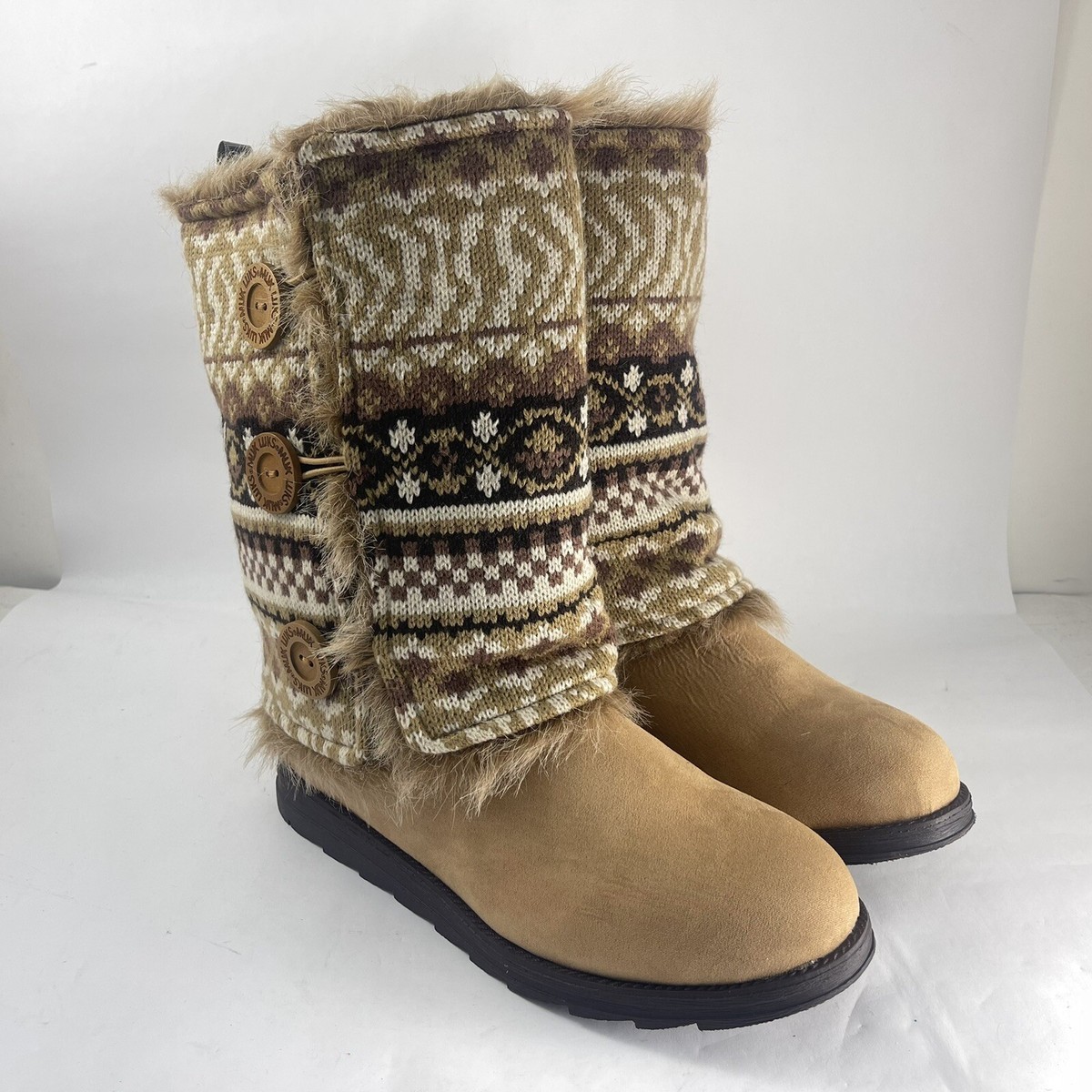 MUK LUKS Womens REVERSIBLE Andrea Knit Faux Fur Winter BOOTS Camel
