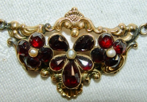 Collier - Kette Granat und Saatperlen Biedermeier 19. Jh. Schaumgold vergoldet - Bild 8 von 13
