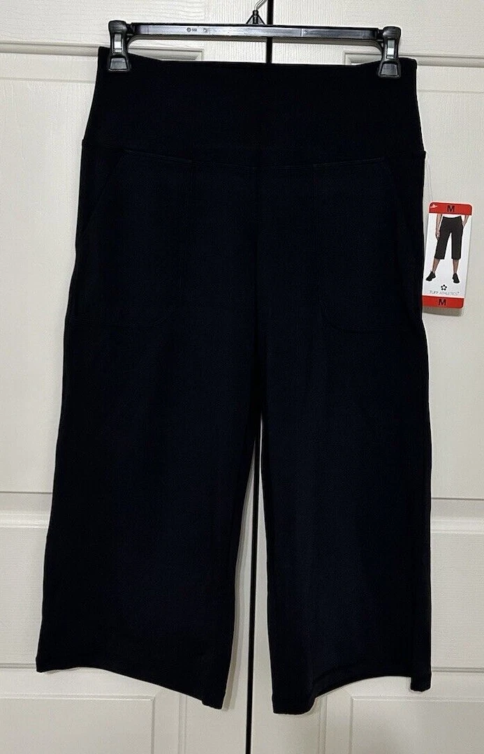 NWT Tuff Athletics size M black wide leg with pockets capri Pants womens