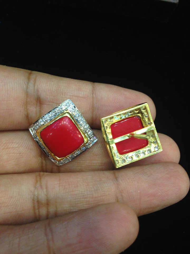 Aretes de coral con diamantes de corte brillante redondos pavé de 10,90 quilates en oro 585 de 14K Foto 3 de 4