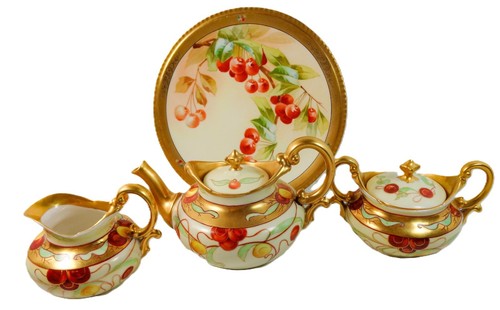 Antique Limoges Pickard Teapot Sugar Creamer Set and Plate Hand Painted Cherries - Picture 15 of 15