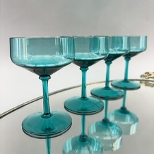 MCM Vintage Aqua Green Set/4 Crystal Champagne Coupe Glasses Mint Saucer