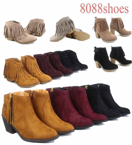 Para Mujer Punta Redonda Flecos cremallera baja Talón Western Tobillo  Botines Talla 5.5 - 11 Nuevo | eBay