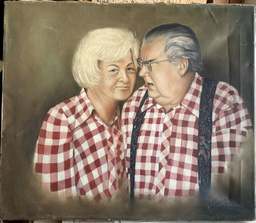 Oil Painting Signed A. Caras Married Couple With Karohemden Vintage Portrait